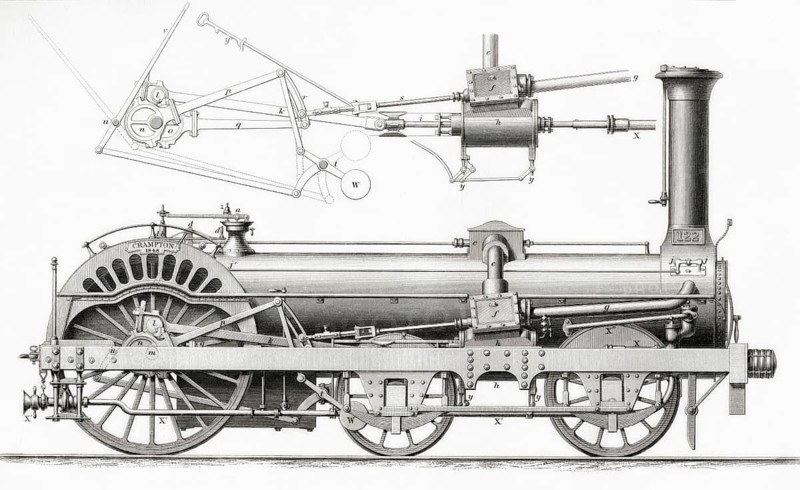 Die Crampton-Lokomotive ist ein Dampflokomotivtyp, der von Thomas Russell Crampton entworfen und ab 1846 von verschiedenen Firmen gebaut wurde. Die wichtigsten britischen Hersteller waren Tulk and Ley und Robert Stephenson and Company. Aus der Cyclopaedia of Useful Arts and Manufactures von Charles Tomlinson, digitale Reproduktion einer historischen Vorlage