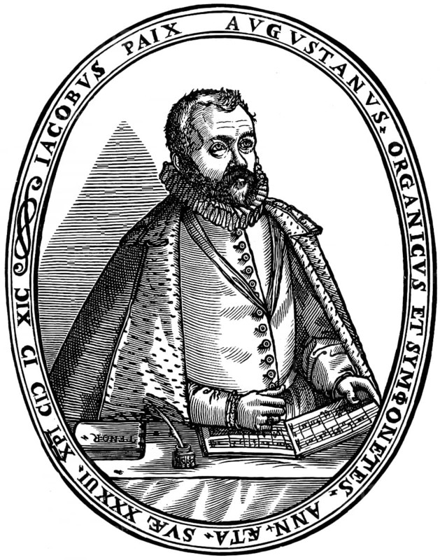 Organist, organ builder and bandmaster Jacobus or Jacob Paix (1556- c. 1623), collector and publisher of tablature books, ruff, elegant clothing, musical notes, inkwell with quill, portrait of a man, historical illustration 1892