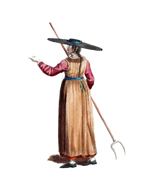 Historical clothing, fashion over time, An old traditional costume of a maid in Friesland around 1710, Germany, digitally restored reproduction of an 18th/19th century model, exact date unknown, woman wearing a straw hat and holding a pitchfork, traditional clothing, natural environment