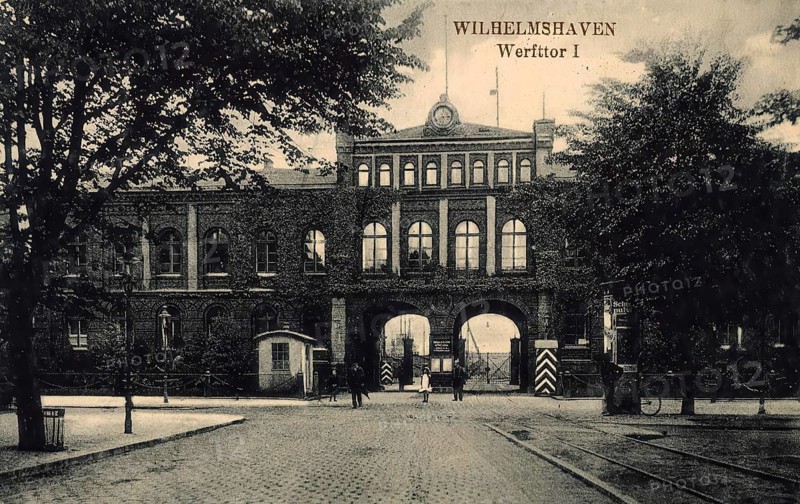 Historical postcard, picture postcard, shipyard gate in Wilhelmshaven, Lower Saxony, Germany, digitally enhanced reproduction of an original from around 1900, picture postcard