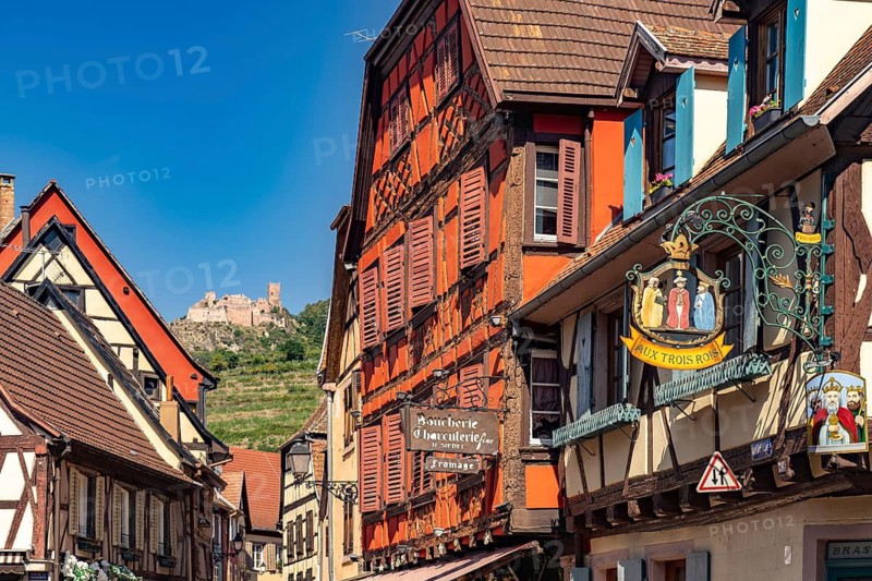 Siedel half-timbered house and castle ruins in Ribeauville, Alsace, France