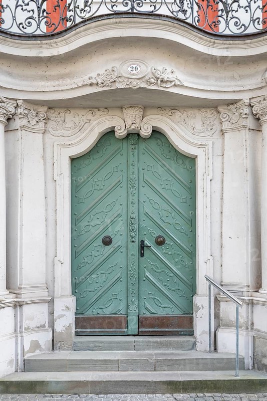 Elegant mint green door in baroque style with intricate decorations in the historic old town of Constance, traditional craftsmanship, Konstanz district, Baden-Württemberg, Germany