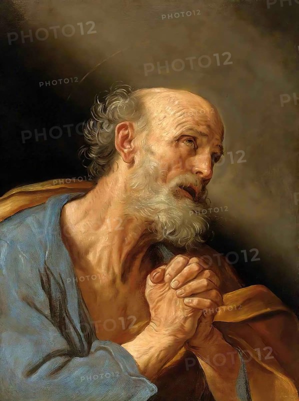 Painting, Reproduction of the painting, Work of art, Historical, Guido Reni, called il Guido or il divino Guido (born 4 November 1575 in Bologna, died 18 August 1642) Italian painter, fresco artist and etcher of the Bolognese school, main representative of a baroque classicism in painting, here the work:, The Penitent Saint Peter, Bearded elderly man in prayer, illuminated by soft light