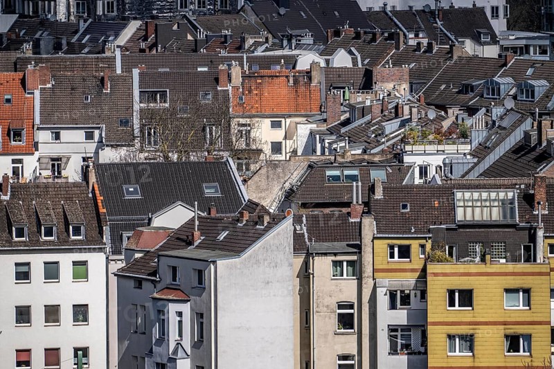 View of the roof landscape of residential buildings in downtown Düsseldorf, Friedrichstadt, North Rhine-Westphalia, Germany