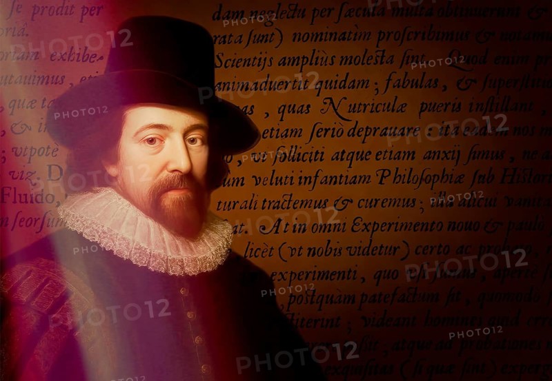 Portrait of Sir Francis Bacon, Baron Baco of Verulam, 1561 - 1626, English lawyer, statesman, essayist, historian, intellectual reformer, philosopher and scientist, title of ‚ Page from ‘Instauratio Magna‘
