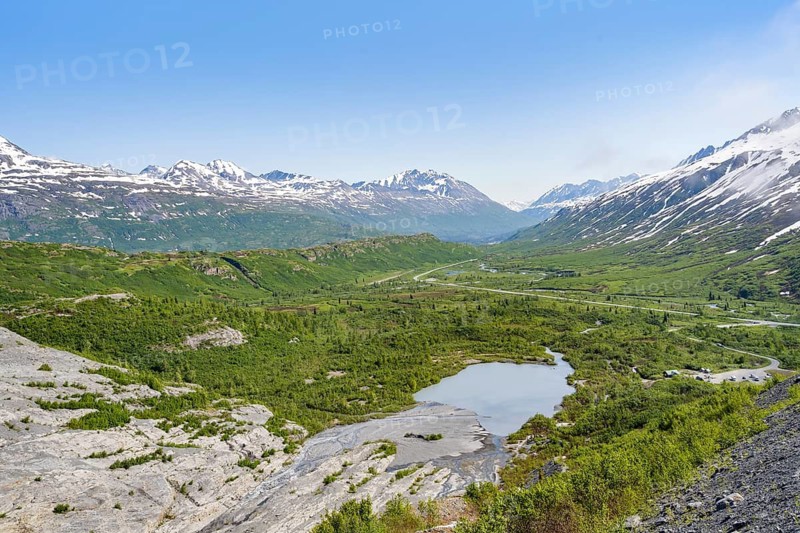 View of the wide valley of the Tsina River with mountains, Worthington Glacier Lagoon, Worthington Glacier State Recreational Site, Chugach Mountains, Alaska, USA