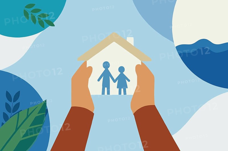 Two hands are holding a house silhouette featuring a family. The background blends soothing nature elements, symbolizing a home in harmony with the environment