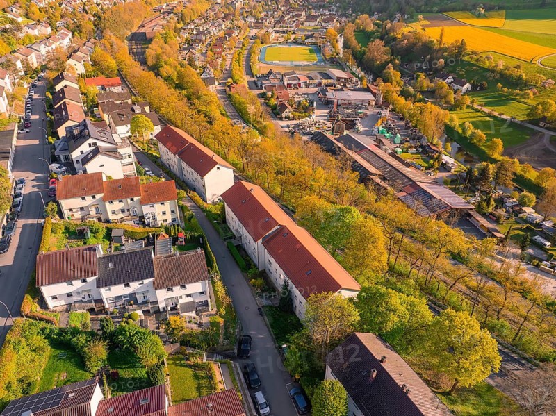 Bird's eye view of a housing estate with residential buildings and green surroundings, Nagold, district of Calw, Germany