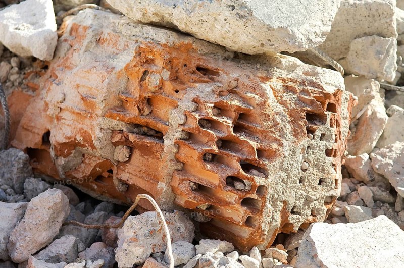 Building rubble, brick, close-up