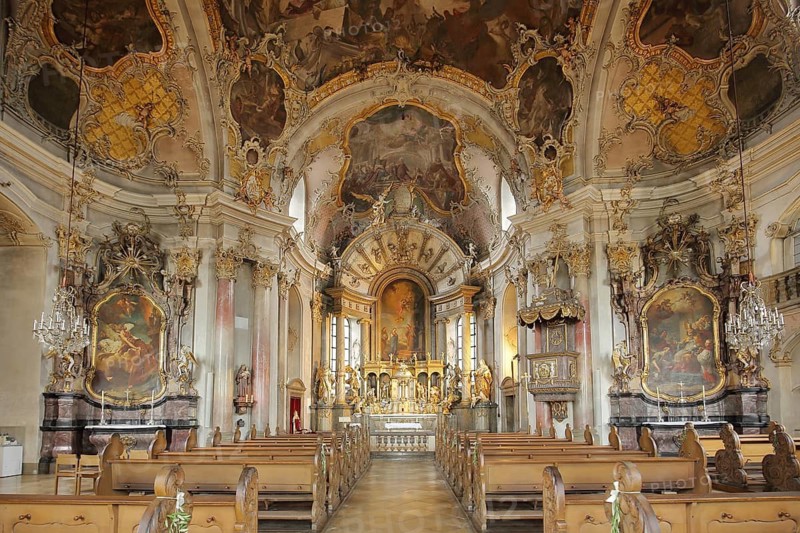 Splendid interior view of the Baroque pilgrimage church of the Visitation of the Virgin Mary Käppele, built by master builder Balthasar Neumann, ceiling painting, wall painting, chandelier, painting, decorations, ceiling fresco, arts and crafts, Würzburg, Lower Franconia, Franconia, Bavaria, Germany