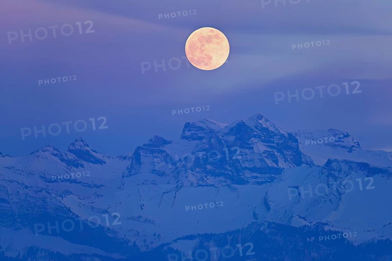 Full moon over the snow-covered Alps, Freiamt, Horben, Lindenberg, Aargau Canton, Switzerland