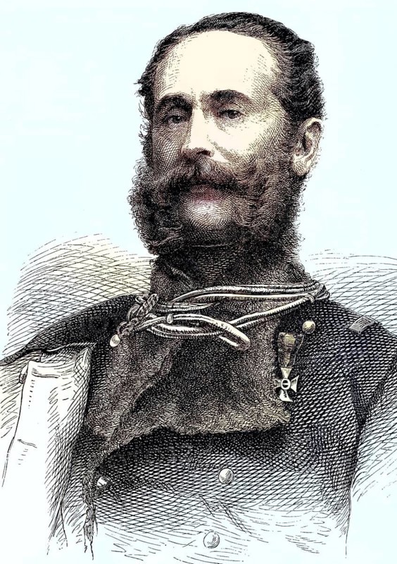 Ludwig Karl Wilhelm Freiherr von Gablenz, 1814-1874, was an Austrian cavalry general, coloured woodcut from 1864, portrait of an officer with distinction and beard in military uniform. Radiance of steadfastness