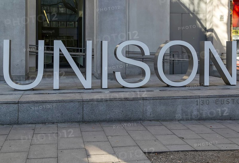 Large sign for trade union UNISON headquarters offices for Greater London, 139 Euston Road, London, England, UK