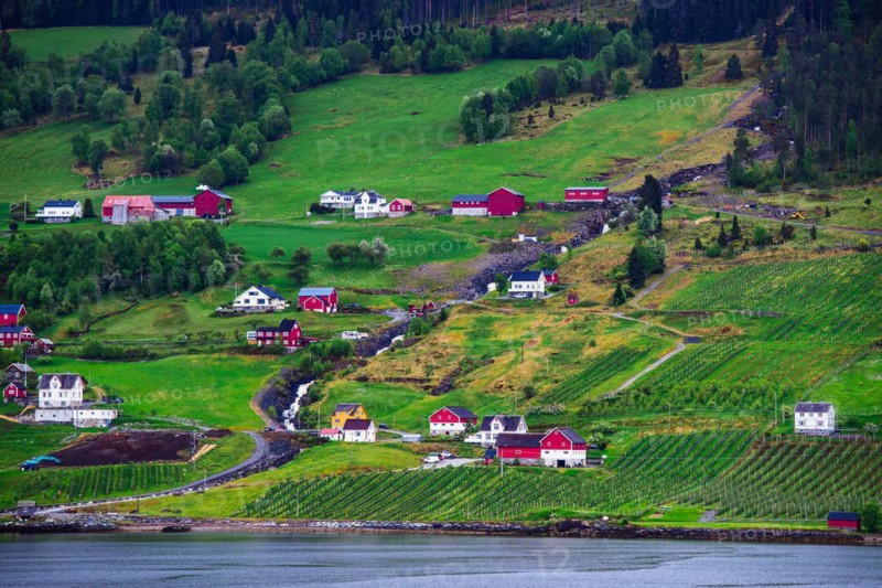 Mountains and Fjord over Norwegian Village, Olden, Innvikfjorden, Norway