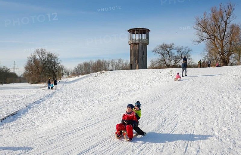 Recklinghausen, North Rhine-Westphalia, Germany - Sunny winter landscape in the Ruhr area, Emscher art in the snow, Kawamata Tower on the Emscher, WALKWAY AND TOWER, 2010, by Tadashi Kawamata, Children sledging