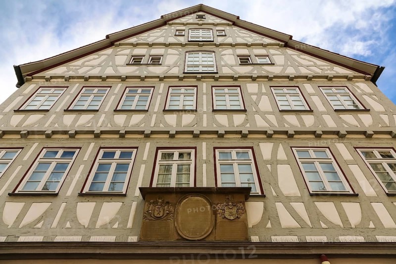 Natural History Museum Reutlingen, exhibition building, museums, half-timbered house, coat of arms, stone relief, lettering, letters, window, Reutlingen, Baden-Württemberg, Germany