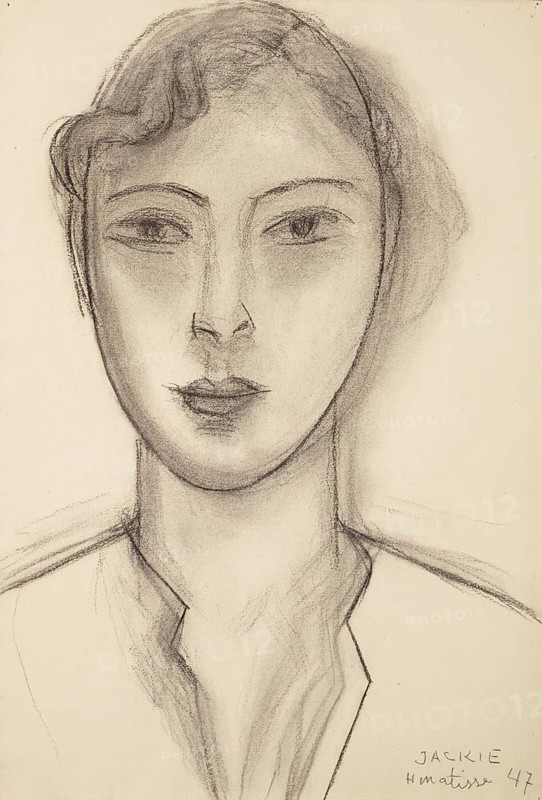 Henri Matisse, Henri Emile Benoit Matisse (born 31 December 1869, died 3 November 1954 in Cimiez), French painter, graphic artist, draughtsman, Classical Modernist. Here his work:, Jackie (1947), Painting, Reproduction of the painting, Artwork, Historical, Charcoal portrait of a woman with detailed facial features