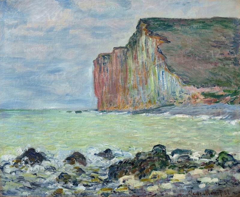 Claude Monet (b. 14 November 1840 in Paris as Oscar-Claude Monet, d. 5 December 1926) important French painter, Impressionist style. Here is his work, Cliff of Les Petites-Dalles (1881), rocky coast by the sea, colourful reflections in the water, Impressionist style