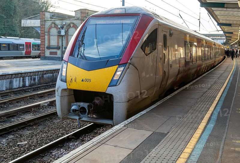 Greater Anglia, British Rail Class Stadler 755 bi-modal multiple unit passenger train arriving at Ipswich railway station, Suffolk, England, UK