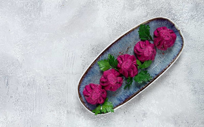 Beetroot khinkali, mini khinkali, purple, Georgian cuisine, no people