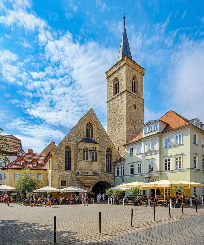 The Ägidienkirche on Wenigemarkt as the eastern entrance to the Krämerbrücke in the historic city centre of Erfurt, Thuringia, Germany, for editorial use only