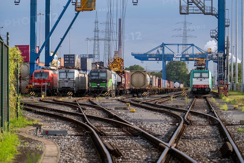 Locomotives of container trains, in Duisburg harbour, Logport, goods trains being loaded, part of the new Silk Road, Duisburg-Rheinhausen, North Rhine-Westphalia, Germany