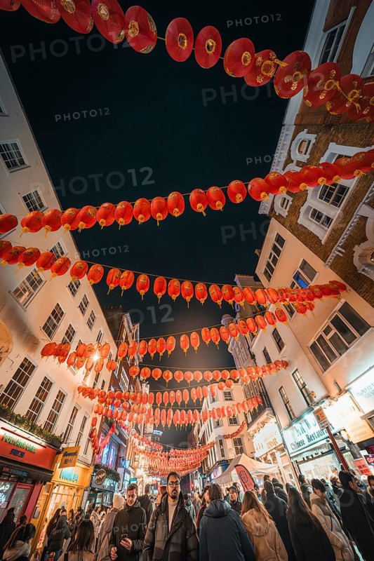 Red lanterns adorn the streets at night as people walk through the city, New Year's Eve London, United Kingdom