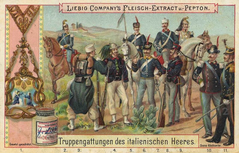 Picture series Military units, types of troops of the army of Italy, Liebig picture, digitally restored reproduction of a collection picture from ca 1900, public domain, exact date unknown, Italian soldiers in different uniforms on horseback and on foot in a landscape scene