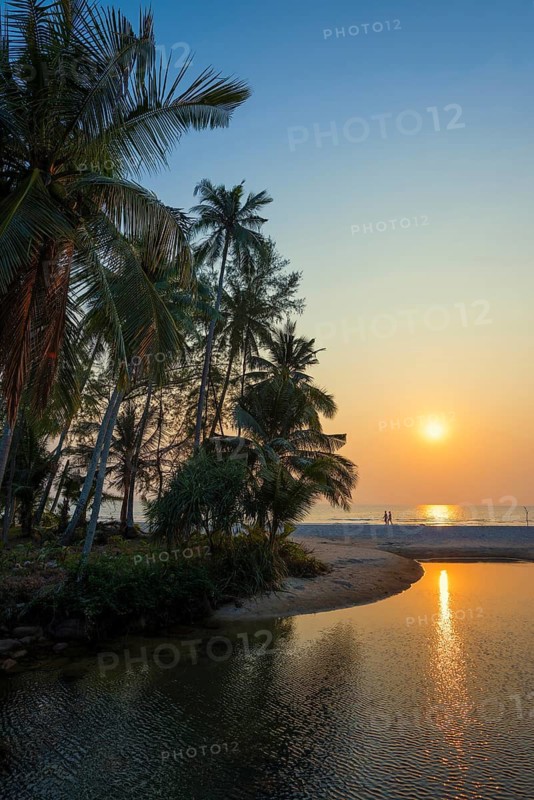 Sandy beach beach with coconut palms, Ao Phrao Beach, sunset, Koh Kood, Koh Kut, Gulf of Thailand, Thailand