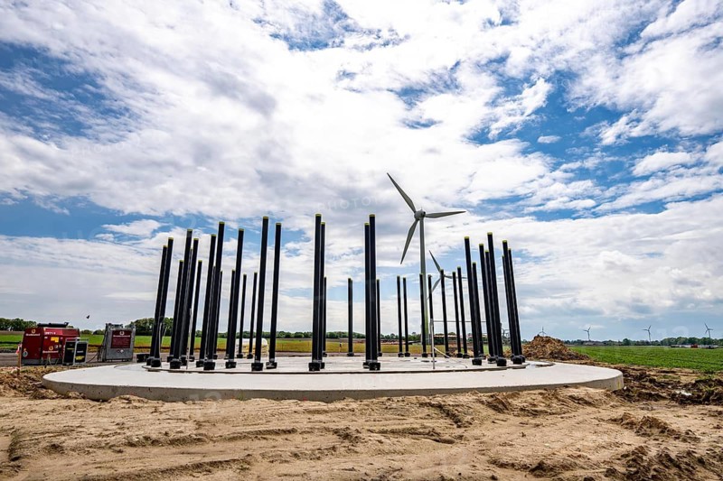 Wind turbine repowering, in the Issum-Oermten wind farm, 9 wind turbines in operation for over 20 years (Enercon model series E-58) in the background are replaced by 4 new turbines (type Enercon E-160), foundation, which then generate 4 times more electricity than the old 9 wind turbines, North Rhine-Westphalia, Germany