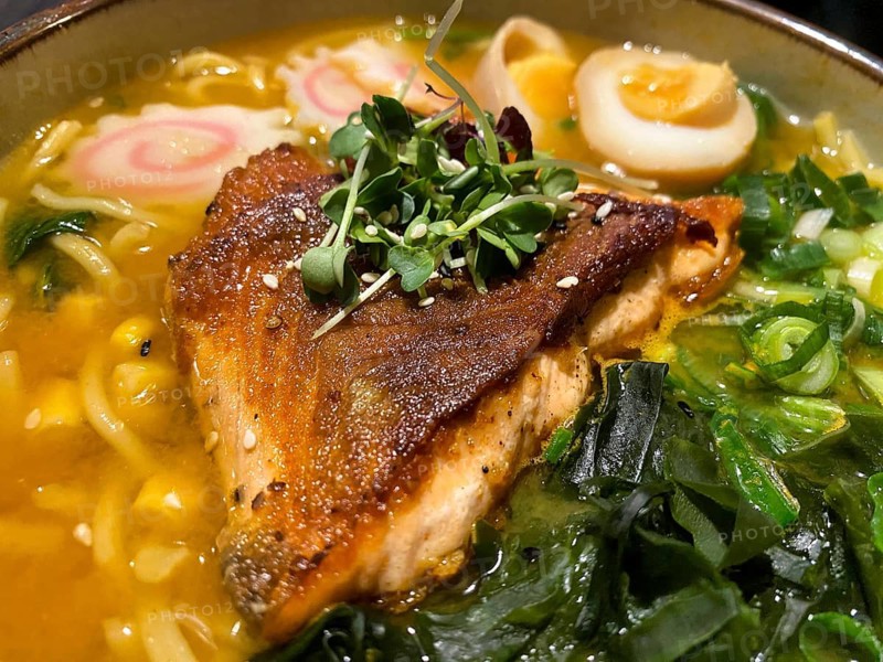 Ramen with udon noodles, salmon, egg, Stuttgart, Baden-Württemberg, Germany