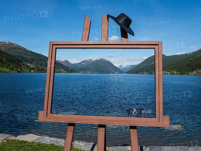 Art object picture frame, rest area at Vassenden, view over lake Joelstravatn, Norway
