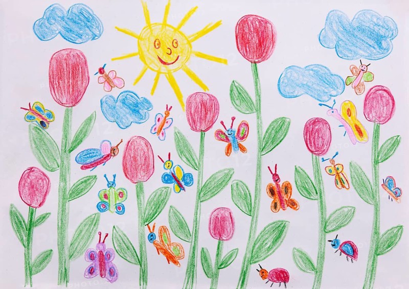 Naive illustration, children's drawing, flower meadow with butterflies, sun and clouds