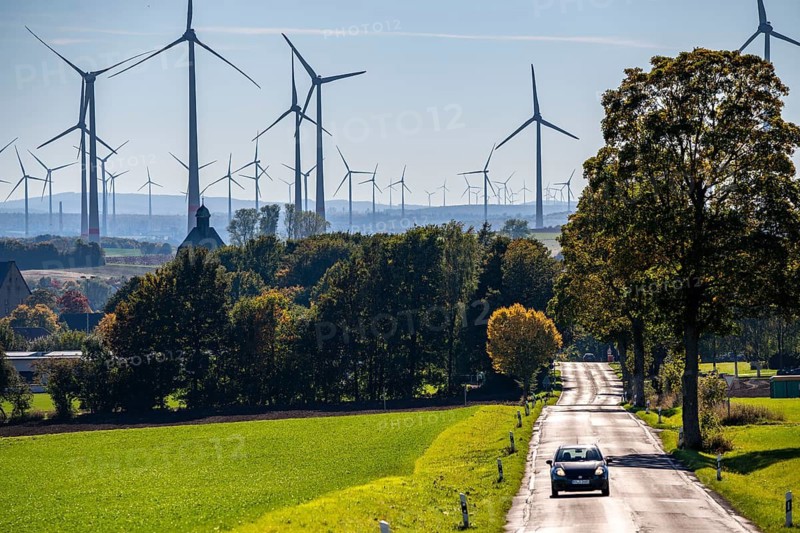 Country road, wind farm above the village of Lichtenau, self-proclaimed energy town, Paderborn district, OWL, A North Rhine-Westphalia, Germany
