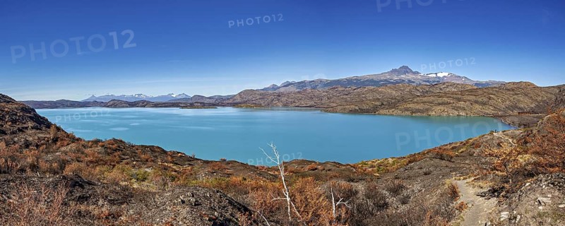 Turquoise blue lake in front of a mountainous landscape under a clear blue sky, The landscape of the Torres del Paine National Park in Patagonia in Chile