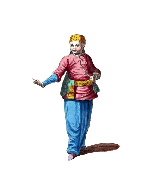 Historical clothing, fashion over time, clothing of a young Turk in 1700, Ottoman Empire, Turkey, digitally restored reproduction of an 18th/19th century model, exact date unknown, man in oriental-inspired historical clothing with yellow hat