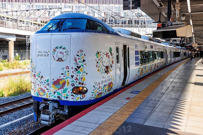 Hello Kitty Haruka train of Japan Rail JR as Kansai Airport Express in Osaka, Japan