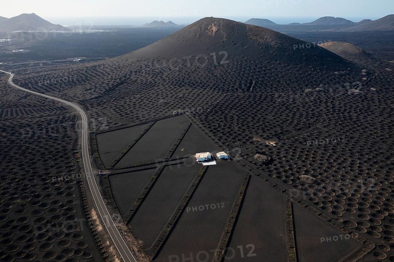 Aerial perspective highlighting the unique landscape of La Geria, Lanzarote with traditional volcanic stone vine pits
