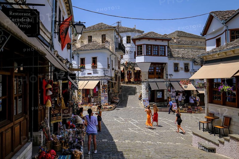 City of Gjirokastra, Gjirokastra, Albania, Tourists visit the historic centre of the mountain city of Gjirokastra, UNESCO World Heritage Site