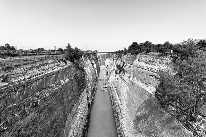 Construction work, Corinth Canal, restoration after landslide, view of construction cranes, closed to shipping traffic, monochrome, Corinth, Isthmus of Corinth, Greece