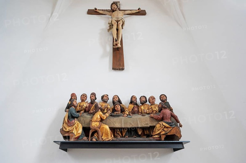 Jesus cross and depiction of the Holy Communion in a side chapel in the church of St Walburga, Kirchröttenbach, Middle Franconia, Bavaria, Germany