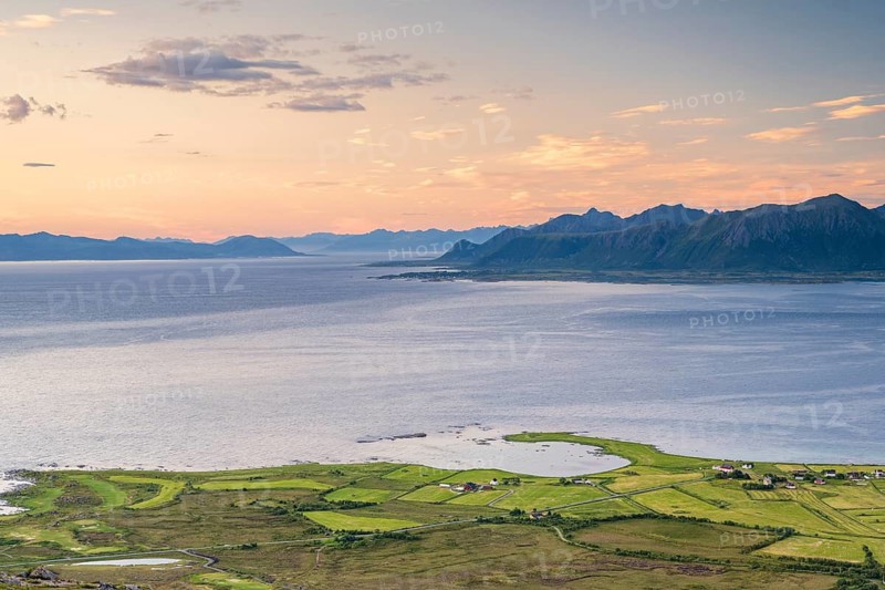 View of the coast and mountains from Mount Hoven, Gimsoy, Lofoten, Norway