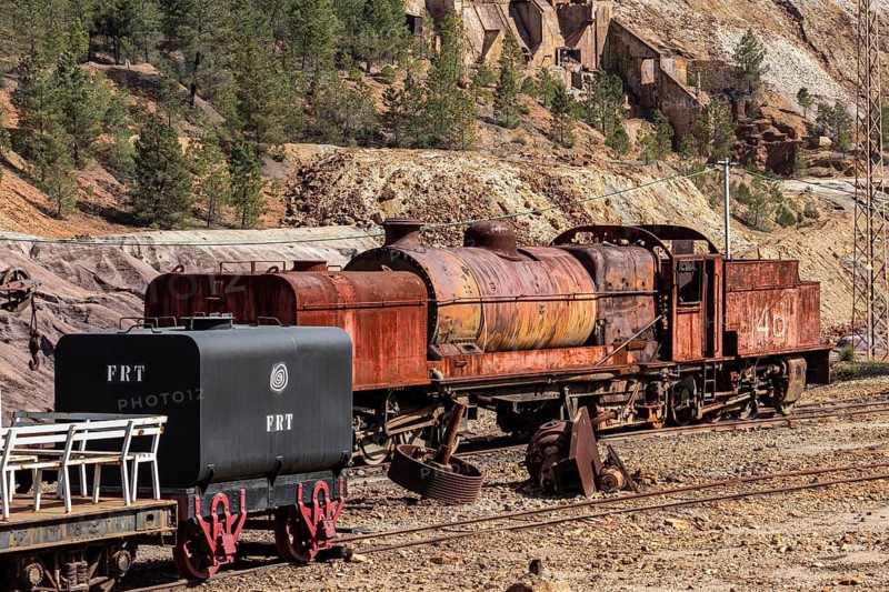 Rio Tinto mining area, destroyed nature and remains of mining activities, views along the touristic railroad line, Minas de Riotinto, Andalusia, Spain