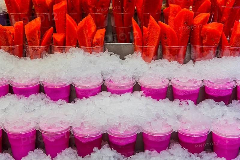 Fruit juice drinks Zumos Naturales at the Mercato Boquiera in Barcelona, Spain