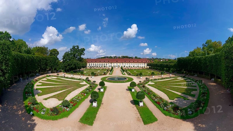 Aerial view, Margravial Court Garden Ansbach with orangery, built 1726-1744, Baroque, park, garden, palace garden, Ansbach, Middle Franconia, Franconia, Bavaria, Germany