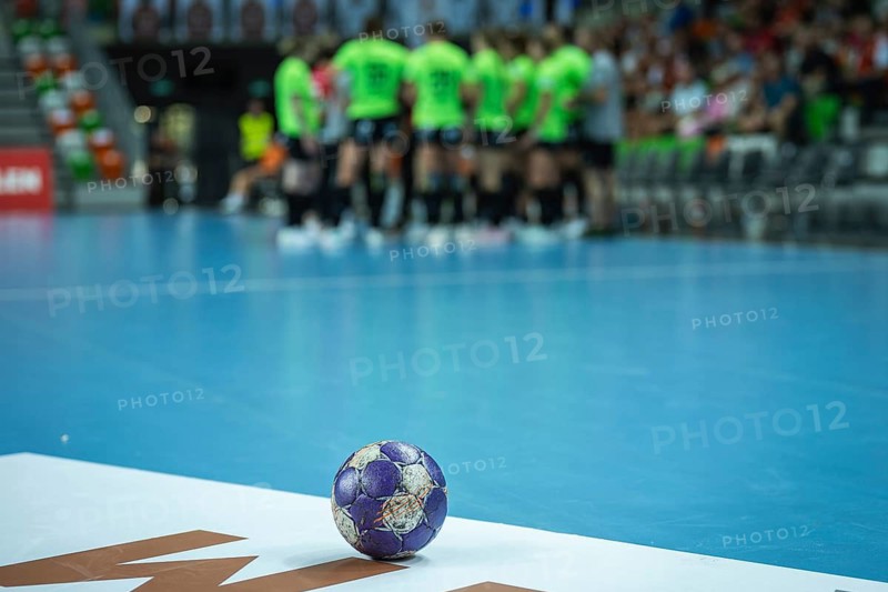 The ball on the court during a break of the handball match in Lubin, Poland