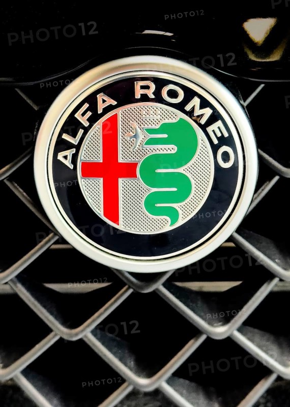 Logo on radiator grille of car brand Alfa Romeo part of parent company Stellantis, international