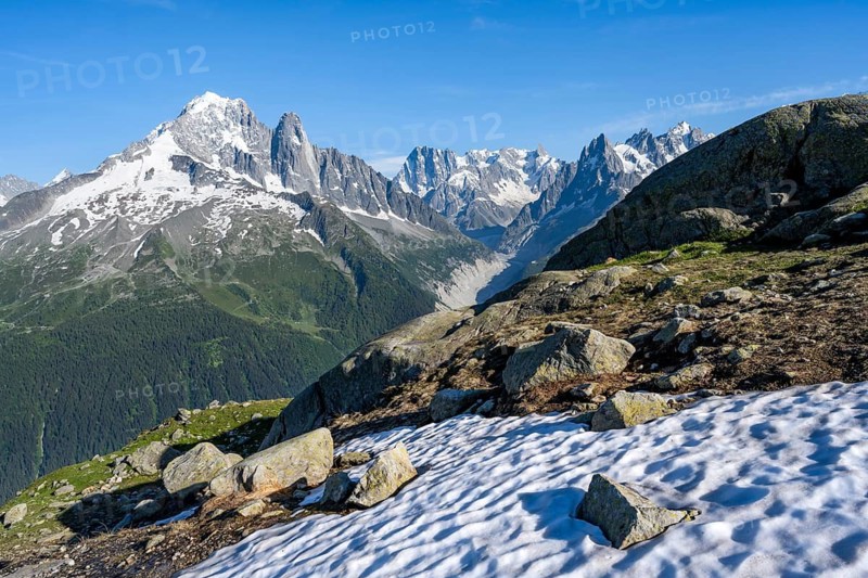 Mountain panorama, mountain peaks Aiguille Verte and Grandes Jorasses, Mont Blanc massif, Aiguilles Rouges, Chamonix-Mont-Blanc, Haute-Savoie, France