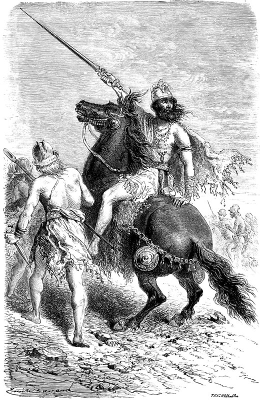 Celtic warrior with helmet and sword on horseback, rider and leader in a battle, weapons, dagger, lance, Iron Age ethnic group in Europe, people, history of mankind, historical illustration 1880