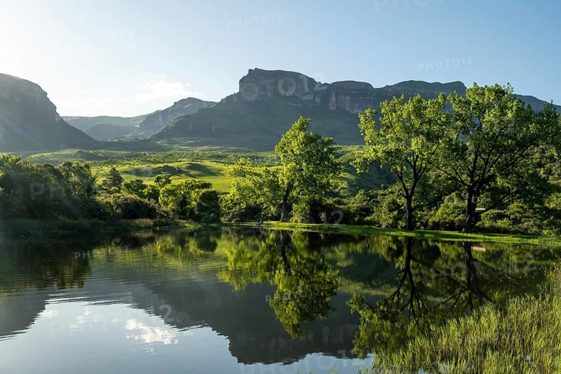 Amphitheatre with reflection in the lake, Royal Natal National Park, Drakensberg Mountains south, Kwa Zulu Natal, South Africa